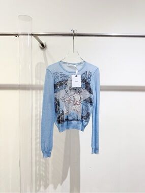 🚩steal Dior Light Blue Long Sleeve Graphic Knit Sweater - Women